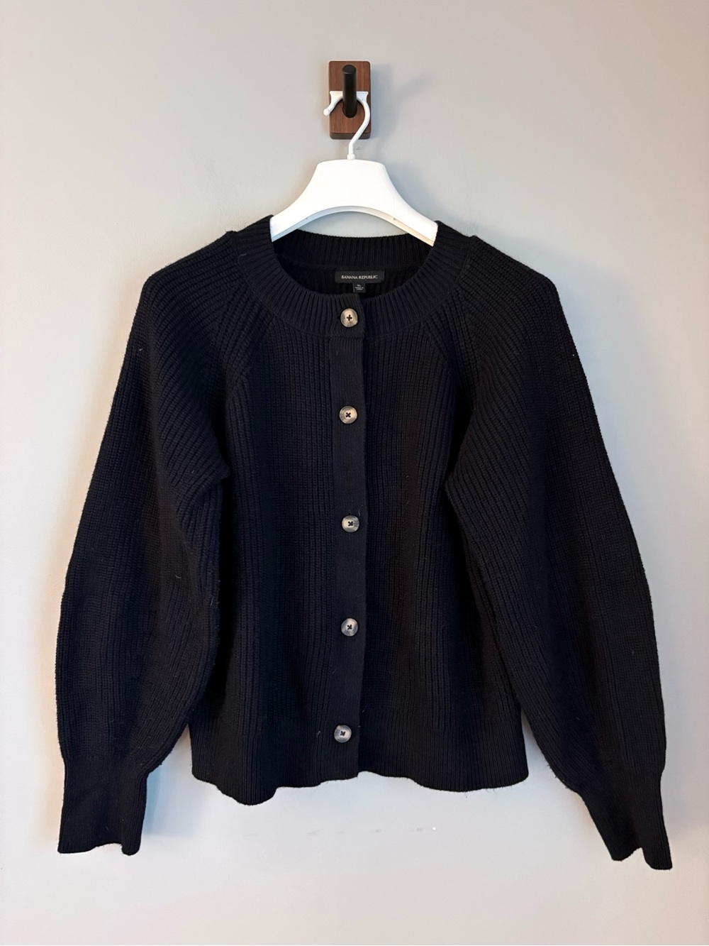 Banana Republic Womens XL Black Ribbed Knit Button Front Cardigan Balloon Sleeve